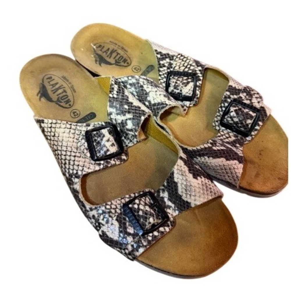 Plakton Womens Snakeskin Double Strap Buckle Slide Sandals Made in Spain Size 42